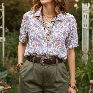 Topson Downs Floral Paisley Shoulder Pad Button Up Medium Rayon Cropped Vintage